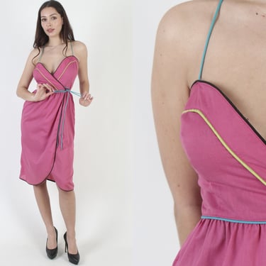 Sexy Hot Pink 80s Wrap Dress, Cross back Spaghetti Straps, Vintage 1980s Striped Tulip Skirt Dress 