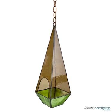 Vintage Arts & Crafts Slag Glass Triangular Hanging Terrarium