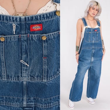 Dickies Overalls Blue Denim Bib Overall Pants Baggy Dungarees Workwear Jean Utility Carpenter Retro 00s Men's Large L 