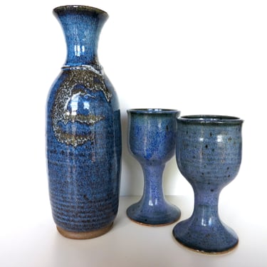 Studio Pottery Wine Decanter Set, 3 Piece Hand Crafted Stoneware Carafe And Goblet Set 