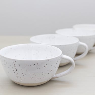 White Ceramic Speckled Mug - Modern Handmade Pottery - Latte Art - Coffee Matcha Tea Cups with Handles - Bowl Shape Cafe Barista - Teacup 