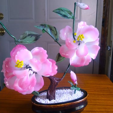 VINTAGE Pink Roses Jade Tree, Bonsai Tree, Oriental Home Decor 