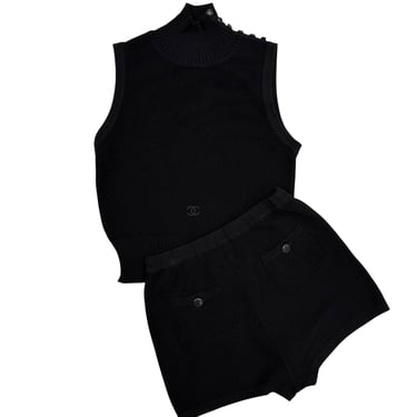 Chanel Black Ribbed Logo Short Set