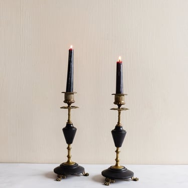 pair of 19th century French Napolean III brass and black marble candlesticks