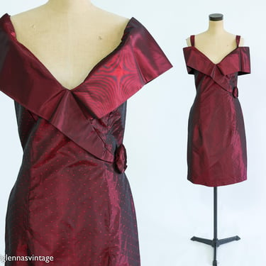 1980s Burgundy Cocktail Dress | 80s Red Off Shoulder Party Dress | Medium 