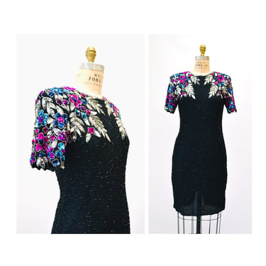 80s 90s Vintage Black Sequin Beaded Dress Small Flower Beaded Dress 90s Glam Flapper Black Metallic Beaded Flower Dress Short Sleeve Small 