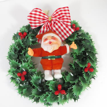 Vintage Plastic Holly Santa Claus Wreath 