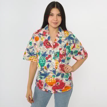 90s Floral Pineapple Shirt Fruit Print Vintage Button Up Blouse Retro Summer Pattern Top Retro Short Sleeve White Red 1990s Medium M 