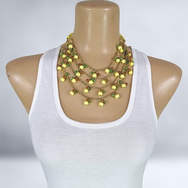 VINTAGE 50s Tutti Frutti Dangling Green and Yellow Beaded Necklace | 1950s Vintage Multi Strand Figaro Chain Bib Necklace | Vfg 