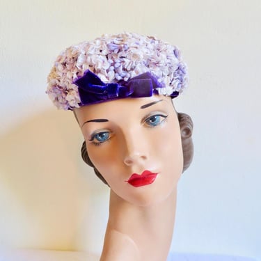 1960's Lavender Purple Small Flowers Pillbox Style Hat 60's Spring Summer Millinery Wedding Bridal Party 