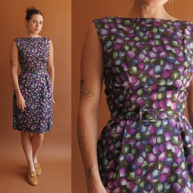 Vintage 50s Bubble Print Belted Sheath Dress with a Low Back/ 1950s Jewel Tone/ Size XS 25 