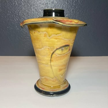 Signed Studio Pottery Vase – Flared Triangular Rim with Yellow Crackle Glaze 