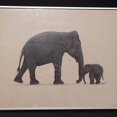 Vintage Signed Thushara Ink Drawing Elephant & Calf Original Art 12x10 