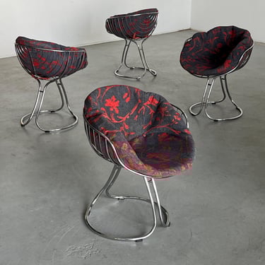 1 of 4 Vintage ‘Pan Am’ Armchairs by Gastone Rinaldi for Rima Padova, Chromed Steel and Red & Blue Floral Fabric, Space Age, Italy 1970 