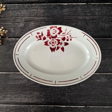 Large Antique Serving Platter BADONVILLER Limoges, Red Rose Platter, Rustic French Stoneware Platter,Red Serving Dish, Farmhouse Cuisine 