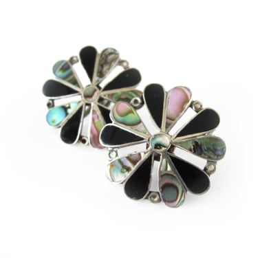 Sterling Abalone Flower Earrings signed Gonzalez, Taxco Jewelry, Sterling Abalone & Onyx Screw Back Earrings, Boho Chic, 925 Mexico Jewelry 