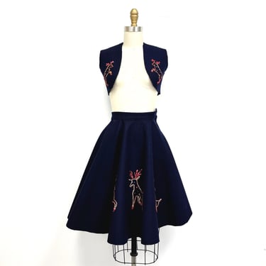 Vintage Christmas Circle Skirt and Vest | Sequin Reindeer on Navy Blue Felt | size xs 