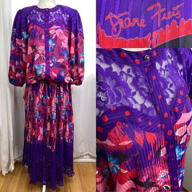 Vintage Diane Freis Floral & Lace 3 Piece Set: Skirt, Top and Scarf | Diane Freis 2pc Georgette Dress | Boho Hippie Purple Red Pink Blue 
