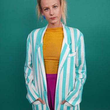 80s Linen Jacket Aqua and White Striped With Pockets Oversized Linen Jacket Teal Linen Cardigan Vintage Striped Linen Jacket Medium 