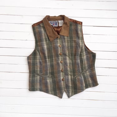plaid wool vest 90s vintage dark academia brown green plaid wool suede waistcoat vest 
