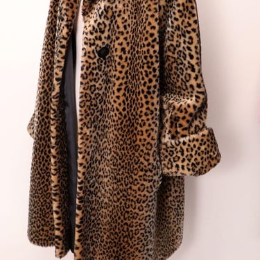 Leopard Print Faux Fur Swing Coat, Long, Flared, XL, Vintage, 1940's Swing style, 1980's, Brown and Black, A Line, animal print Overcoat 