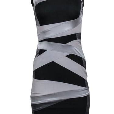 Karen Millen - Black & Gray Striped Satin Bodycon Dress Sz 2