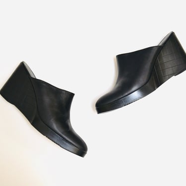 90s 2000s Vintage Robert Clergerie Black High Heel Mules slides Shoes Leather Chunky Platform Slides Size 10 Minimalist Black Leather Shoes 
