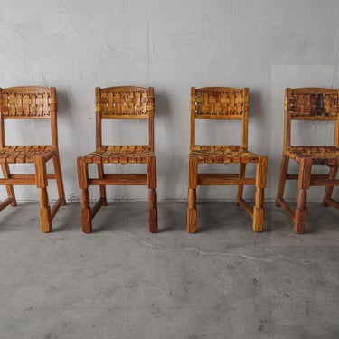 Set of Four Woven Leather and Oak Dining Chairs 