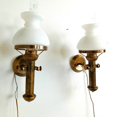 Pair of crystal and opaline brass wall lamps, 1960s - vintage brass wall lamps - neoclassical wall lamps - wall lights - antique sconces 