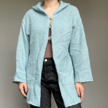 Soft Surroundings Pale Blue Wool Mohair Oversized Fluffy Hooded Cardigan Sz S 