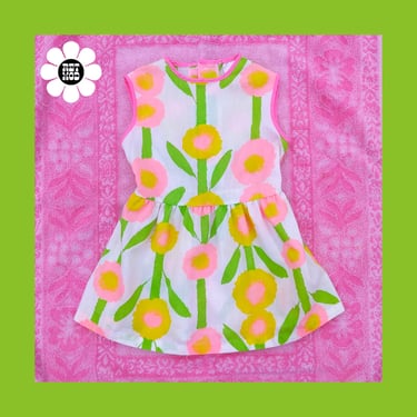 CHILD SIZE - Happy Vintage 60s 70s White Pink Green Yellow Flower Power Dress 