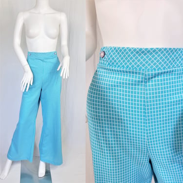 1970's Turquoise Blue White Check High Waist Bell Bottom Pants I Sz Lrg I Jantzen 