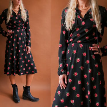 Vintage 70s Diane Von Furstenberg Rose Print Two Piece Jersey Set/ 1970s DVF Black Floral Blouse Skirt/ Size Medium 