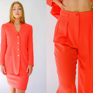 Vintage 90s ESCADA Watermelon Red Dash Polkadot Three Piece Blazer, Pant & Skirt Suit w/ Brass Buttons | 1990s ESCADA Designer Power Suit 