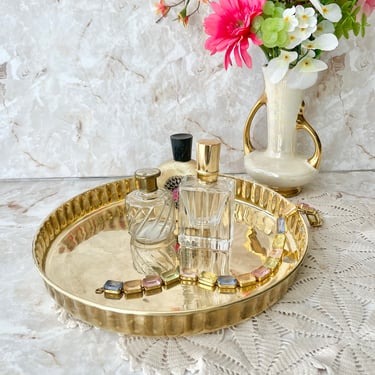 Vintage Brass Tray, Ruffled Edge, Fluted, Round Tray, Coffee Table Decor, Dresser Top, Sustainable Home Decor 
