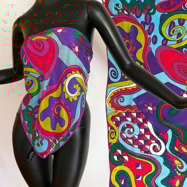 MOD Vintage 1970s Silk Scarf by Oscar De La Renta STUDIO | Hippie Boho Psychedelic Peter Max meets Emilio Pucci style Abstract Print | 