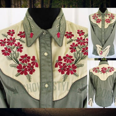 Vintage Western Retro Women's Cowgirl Shirt by Roper, Rodeo Queen Blouse, Moss Green, Embroidered Pink Flowers, Medium (see meas. photo) 