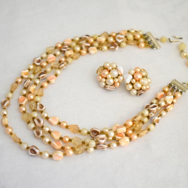 1960s Multi-Strand Necklace and Bead Cluster Clip Earrings Demi-Parure 
