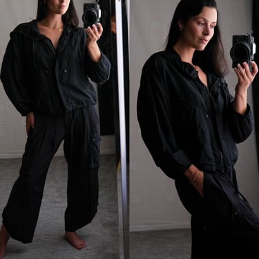 Vintage DKNY Black Silk Cropped Hoodie & Cargo Capri Pant Set | Silk/Elastane Stretch Blend | 2000s Y2K Donna Karan New York Athleisure Set 