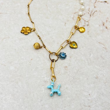 Blue Poodle Charm Necklace, Heart Locket, Gold Charm Jewelry, Beaded Pearl Necklace, Whimsical Jewelry, Gift for Teen, Nostalgia Gift 