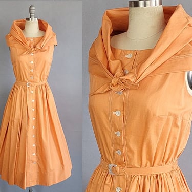 1950s Orange Dress /1950s Pumpkin Orange Cotton Shirtwaist Dress with Matching Belt by Mr. Mort / 1950s Fit & Flare Dress / Size Small 