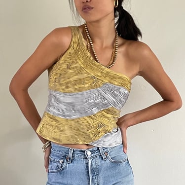 90s silk one shoulder / vintage ruched gold + silver micro pleated one shoulder sleeveless bustier corset cropped cocktail blouse top | M 