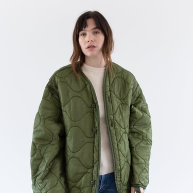 Vintage Green Liner Jacket | Unisex Wavy Quilted Nylon Coat | XL | LI267 