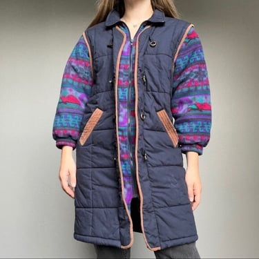 Vintage Women's 80s Navy Geometric Fleece Puffer Hiking Coat Jacket Size Medium 
