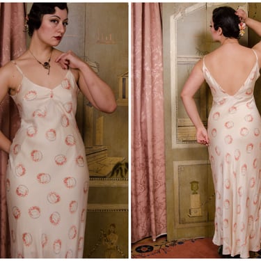 1930s Nightgown - Rare 30s Bias Cut Strappy Silk Floral Nightgown with Low Back in Flower Wreath Print 