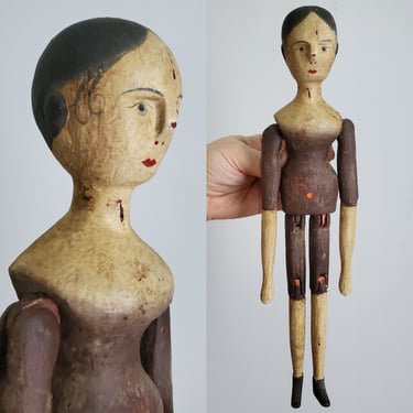 Rare Penny Peg Wooden Doll 12.5" Tall - Grodnertal Style Doll - Antique Dolls - Collectible Dolls 