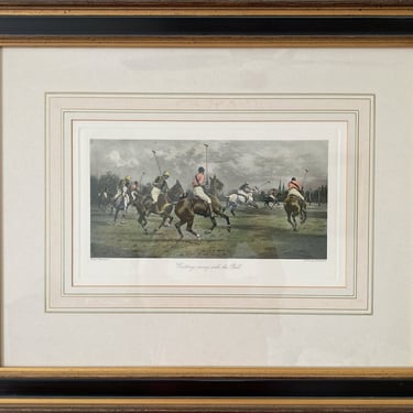 Framed antique British polo scene Equestrian sports art George Wright signed in print Horses in landscape Office library decor 