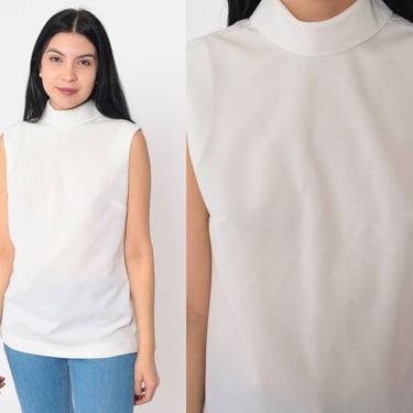 White Tank Top 70s Mock Neck Top Sleeveless Shirt Retro Basic Plain Blouse Mockneck Simple T-Shirt Chic Semi-Sheer Mod Vintage 1970s Small S 