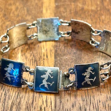 Siam Sterling Link Bracelet Thai Dancers Black Panels Silver Dancer Signed Retro Vintage 