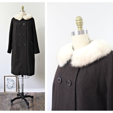 Vintage 50's 1960s SHAGMOOR Dark Chocolate Brown Wool Coat with Cream Real Mink Fur Collar // US 8 10 12 M L 